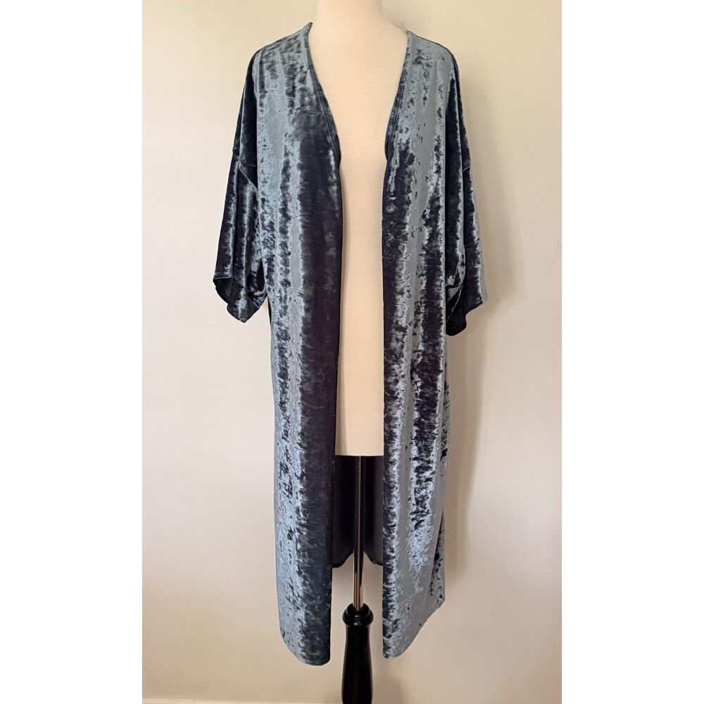Newbury Kustom Metallic Blue Velvet Kimono Duster Boho Cardigan Top Duster Sz OS